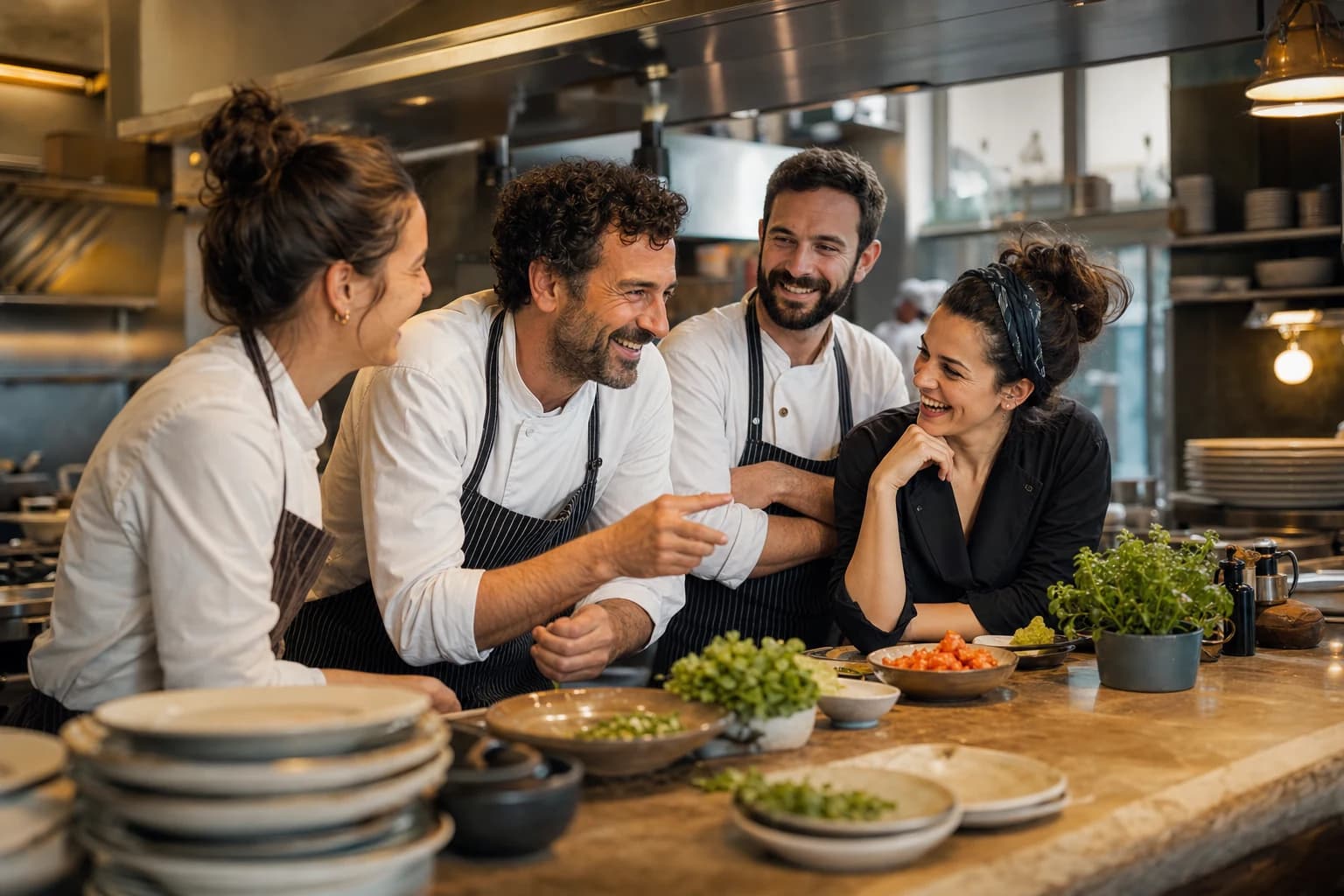 Squadra di un piccolo ristorante riunita in cucina