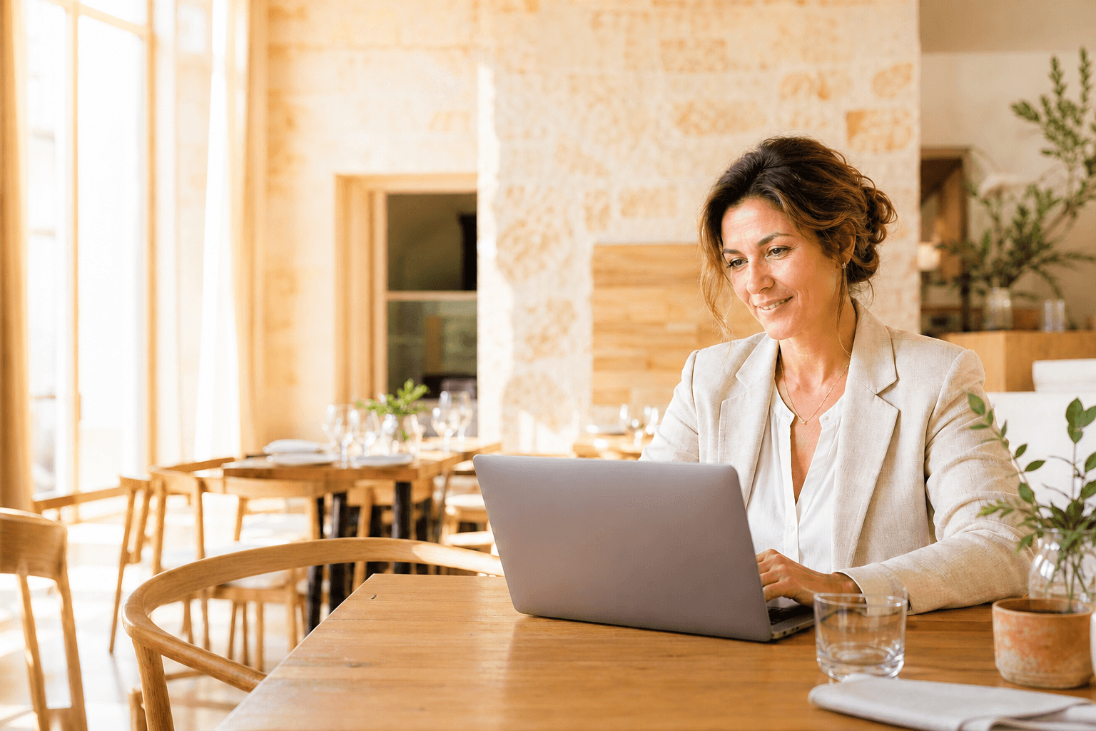 Ristoratrice sorridente che valuta con serenità i programmi per il locale